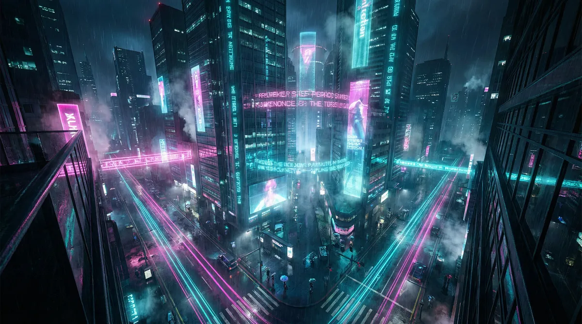 看片 竖屏短剧平台首页背景 - 赛博朋克都市夜景